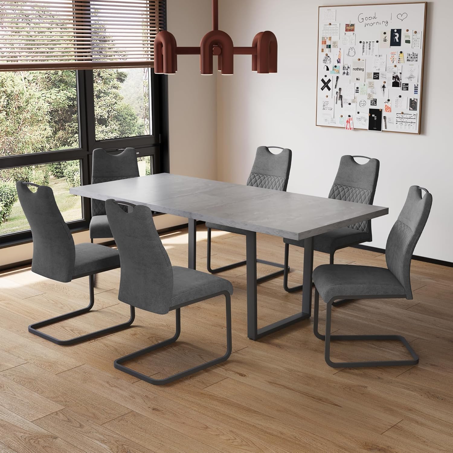 JIEXI Esstisch Mit 4-8 Stühlen Set, Esszimmertisch Ausziehbar, Tisch Esszimmer, Essgruppe Mit 4-8 Stühle, MDF-Platten Holztisch Geeignet Für Wohnzimmer, Küche(130-170cm Tisch + 6 graue Stühle) QL8459040