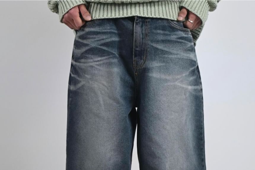 SeoulPop - Mid Waist Washed Straight Leg Jeans