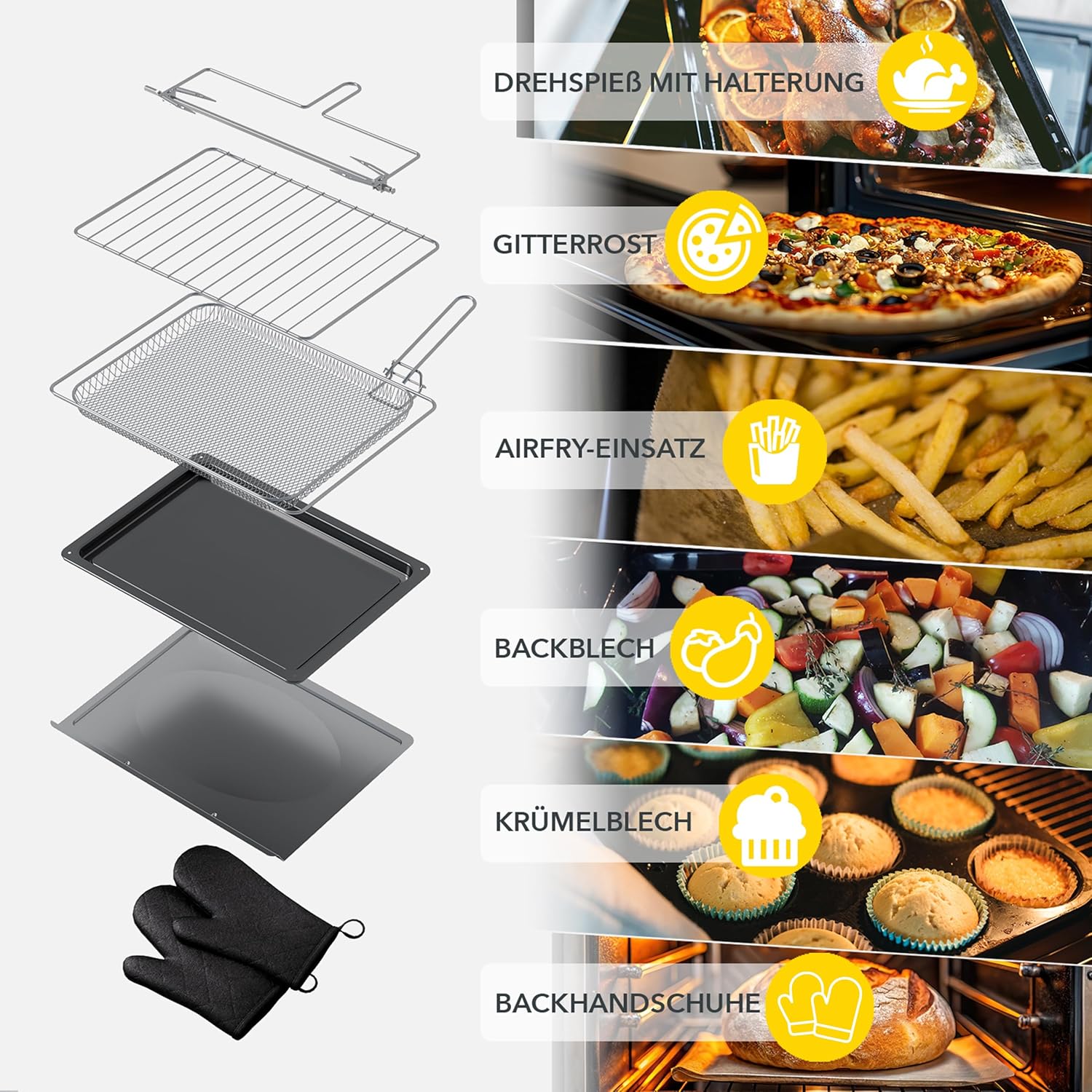 Heinrich´s Minibackofen mit Umluft 30L - Backofen klein mit Drehspieß, Airfryer-Einsatz inkl. Timer, Innenraumbeleuchtung, 100-230 °C, mit großem Sichtfenster, inkl. Zubehör, schwarz, 1600W