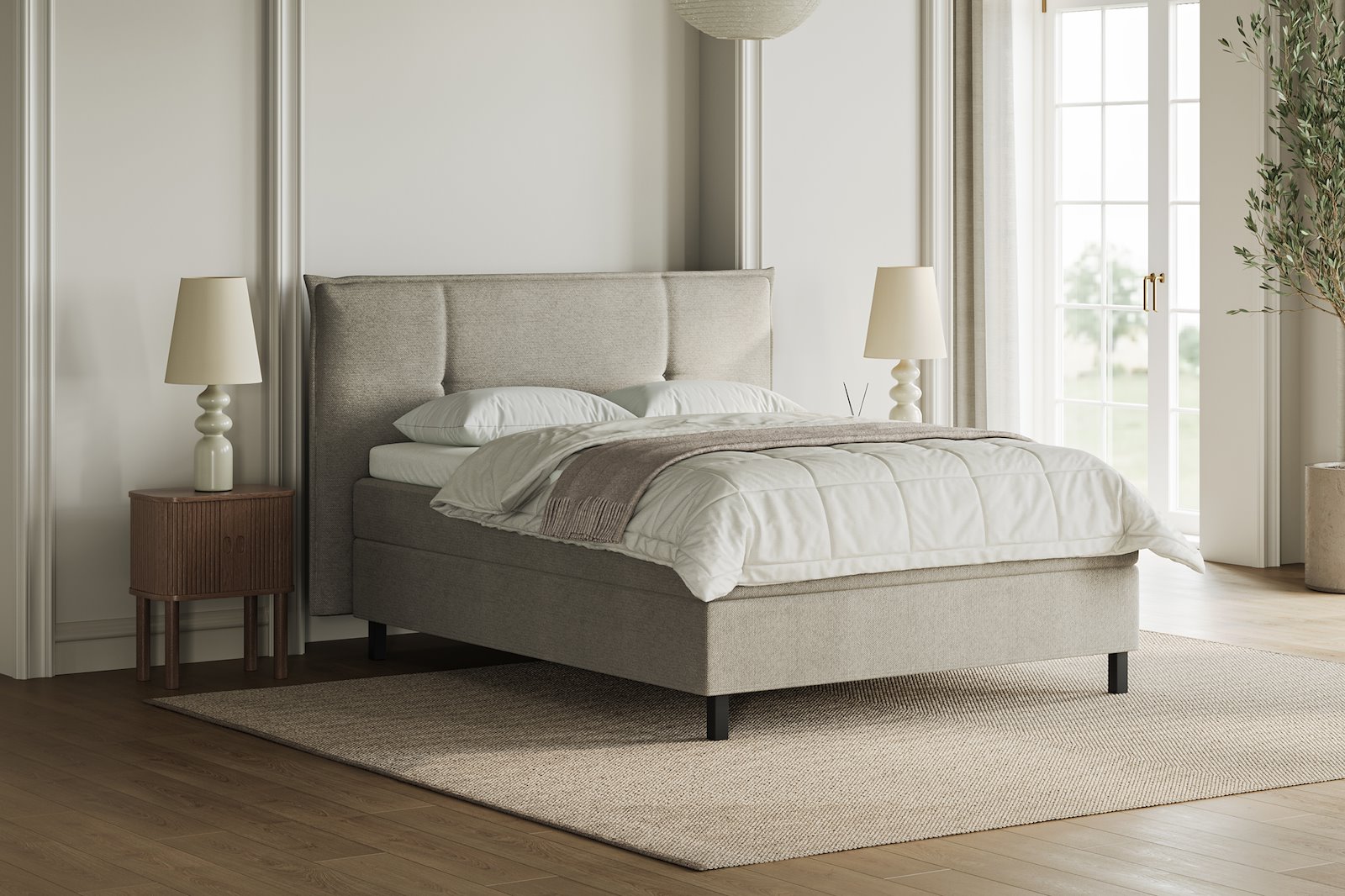 XOV Premium 15 Kontinentalseng 150x200 cm i tekstil coco 80 grå, medium/medium med Premium 15 overmadrass og sort firkantede ben, gavl selges separate