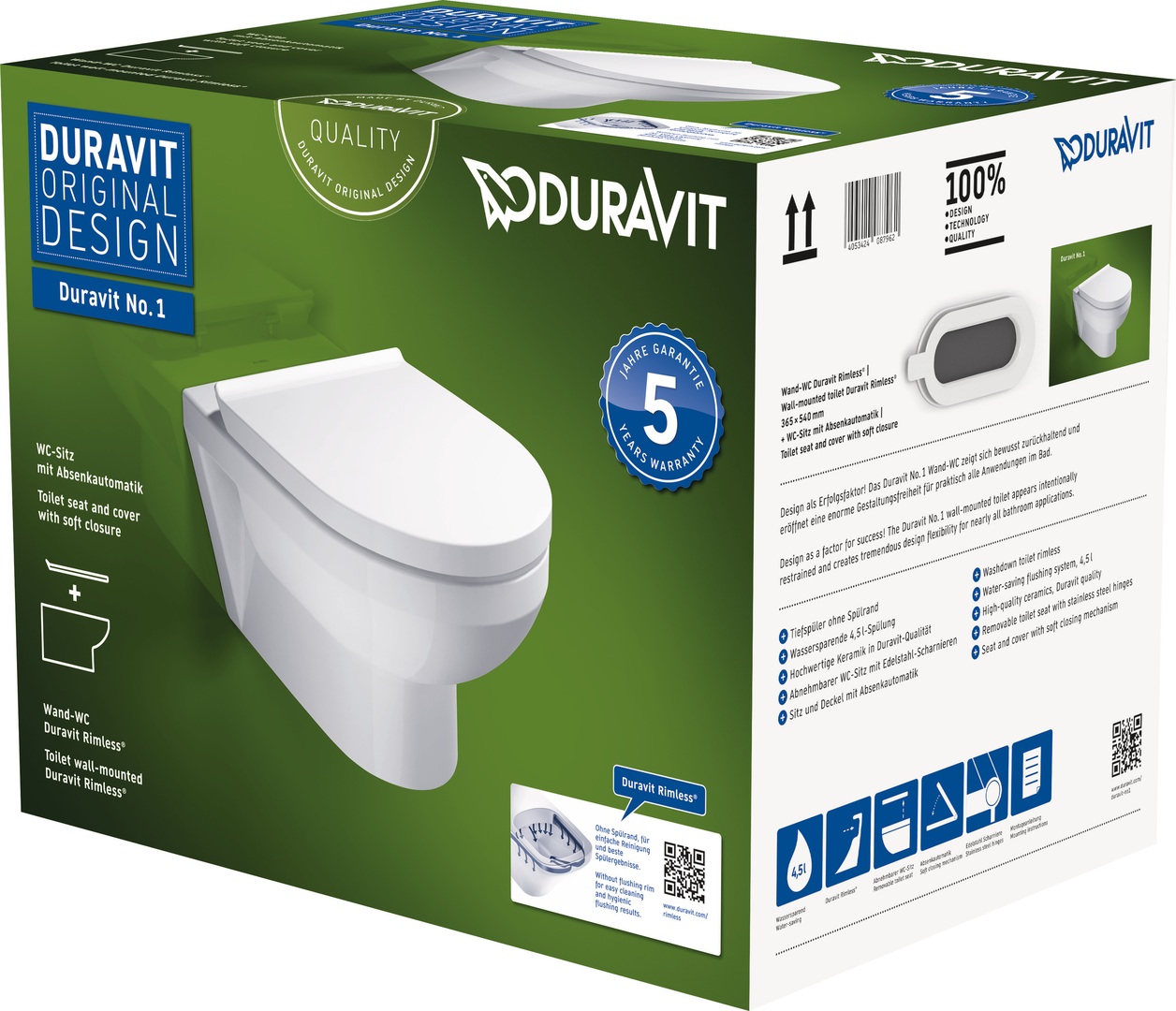 Duravit No. 1 compact toilet met softclose zitting en quick release wit glans