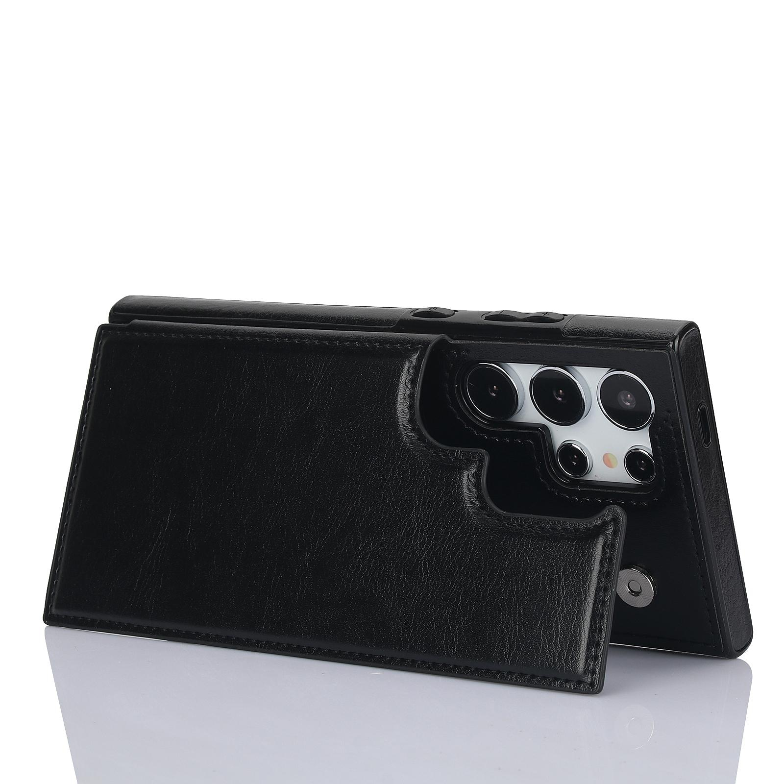 Samsung Galaxy S24 Ultra Hybrid Leder Hülle mit Kartenfach   Kickstand Aufsteller - Schwarz