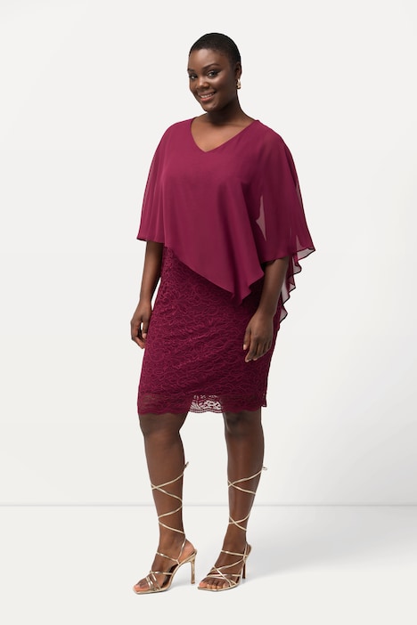 Abendkleid, Chiffon-Cape, Jersey, Spitzensaum, 3/4-Arm