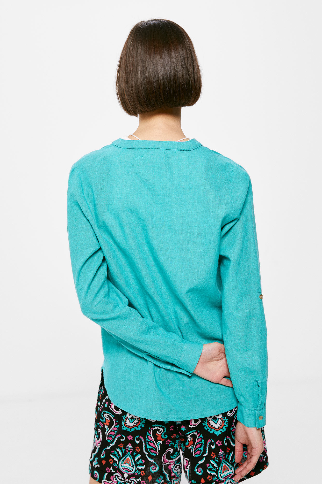Camisa de gola mandarim em linho e algodão - Azul