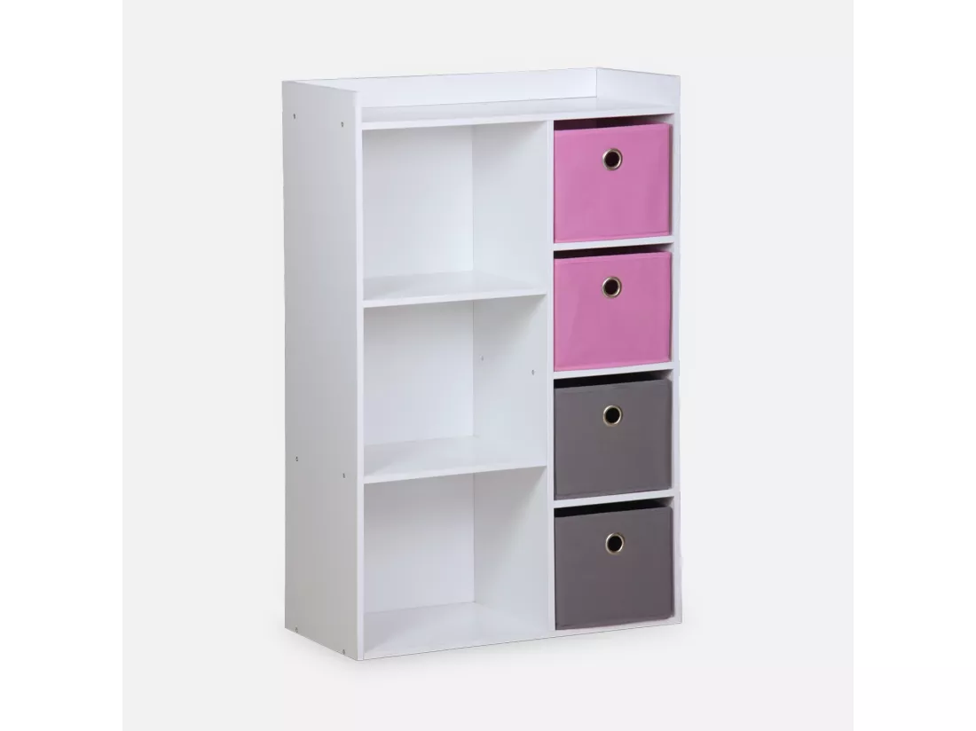 Meuble de rangement pour enfant. blanc - Camille - avec 7 compartiments et 4 paniers gris et roses