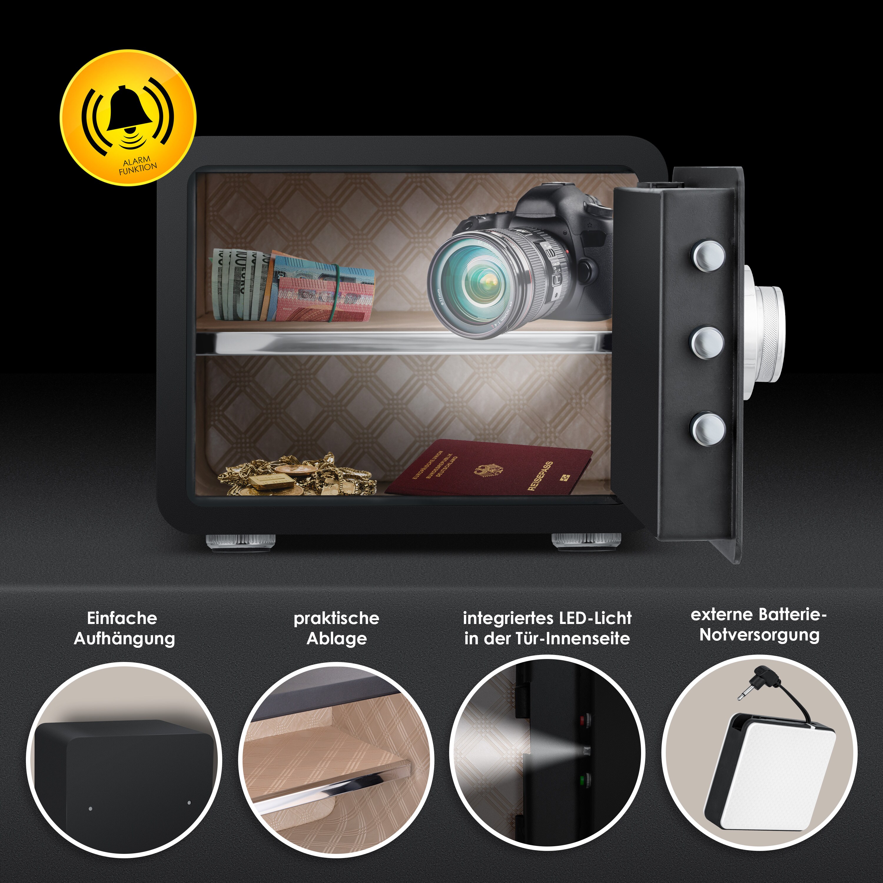 KESSER® Elektr. Tresor mit Fingerabdruck | Inkl. Batteriebox | Elektronischer Safe | 3x Doppelbolzenverriegelung | Boden Wandtresor | Möbeltresor | Beleuchtung | Panzerschrank Zahlenschloss