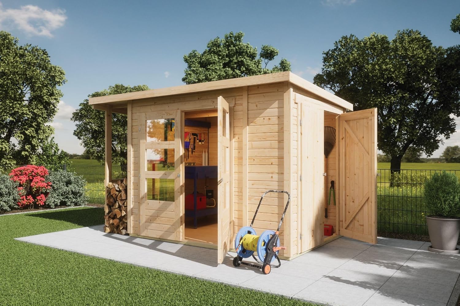 Karibu Gartenhaus 19mm Multi Satteldach mit Schrank und Anbaudach inkl. Fußboden & Dacheindeckung (Pultdach naturbelassen)