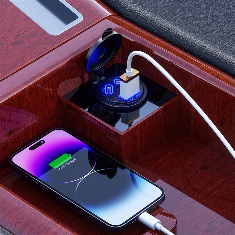 (45W) Universal USB A / 2x USB C Auto KFZ Ladegerät PD / QC mit LED Beleuchtung - Schwarz / Blau