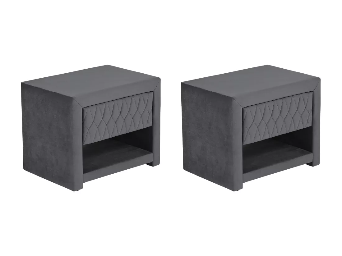 Lot de 2 tables de chevet - 1 tiroir et 1 niche - Tissu velours - Gris - DANIELE