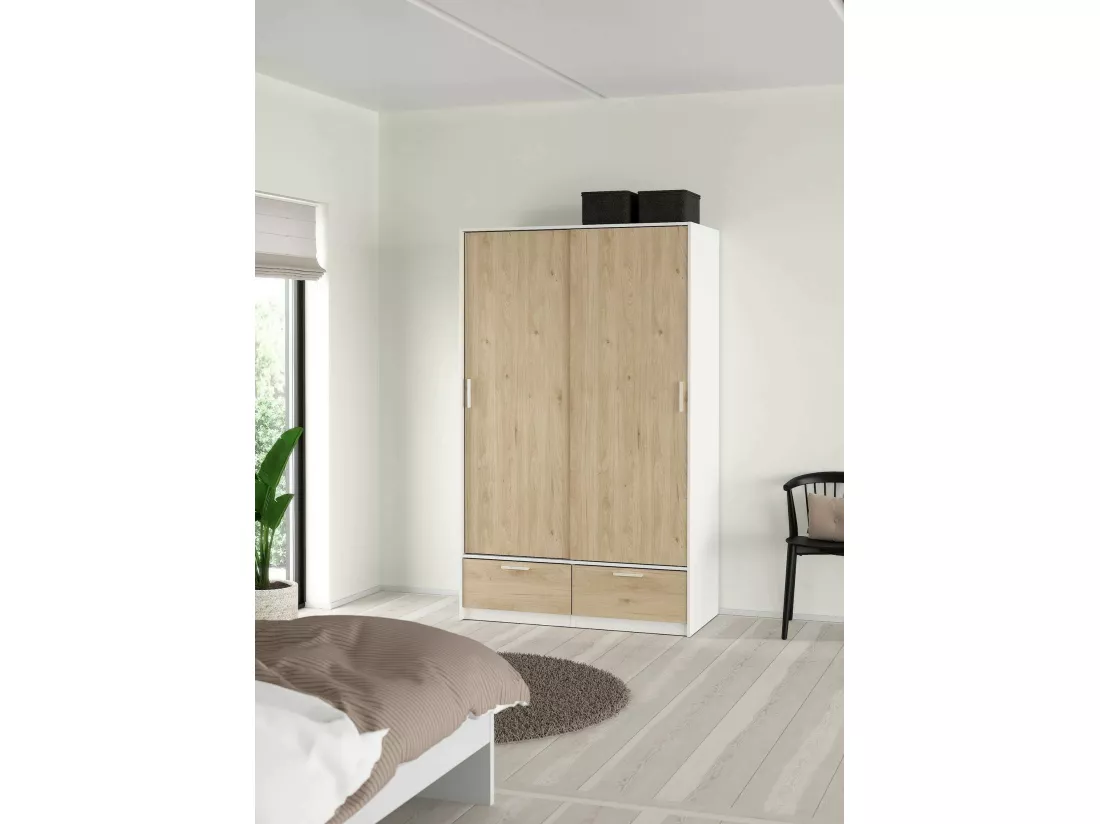 Garde-robe 2 portes Dschoute, Meubles de chambre, Penderie de plain-pied, Placard à vêtements, 121x60 h200 cm, Blanc et Chêne clair