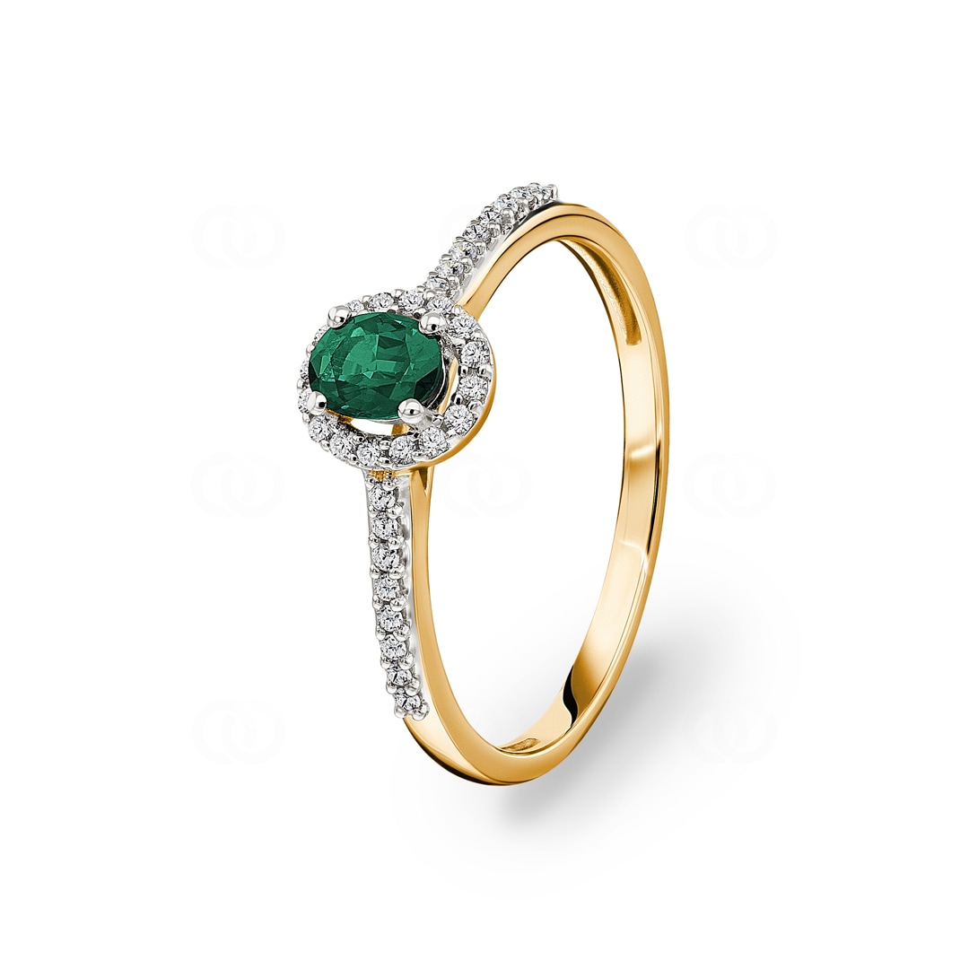 Damenring 750/18 K Gelbgold mit Smaragd oval und Diamanten 0.12 ct H/si