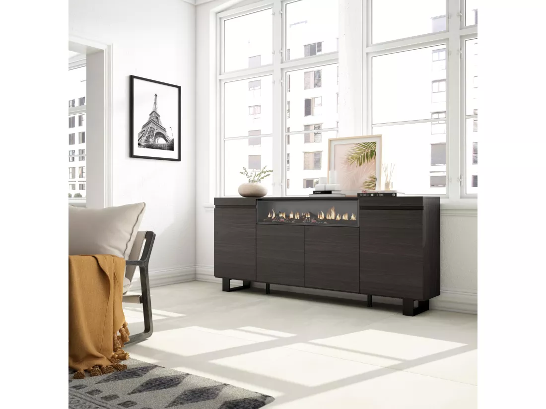 Buffet salon et cuisine, 200x87x35cm, Cheminée électrique, Design industriel, Noir