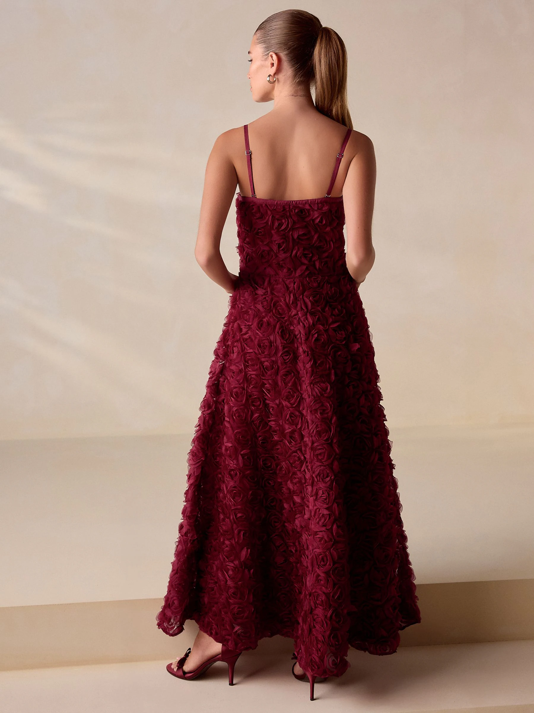 Bordeauxrood - Occasion 3D Floral Bandeau Maxi Dress with Detachable Straps