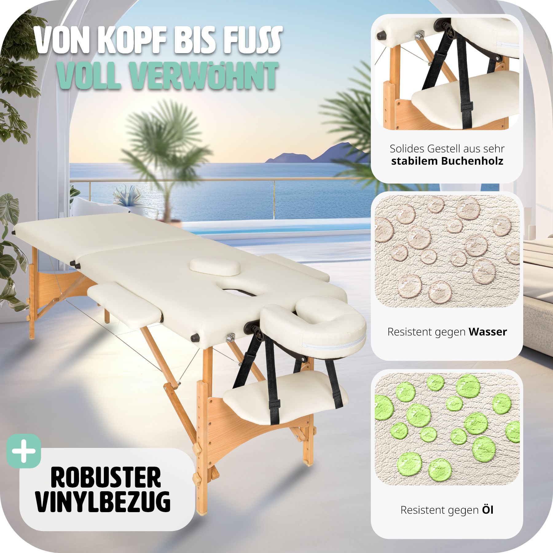 tectake® 2 Zonen Massageliege, mit Holzgestell, verstellbare Ablagen für Kopf und Arme, 210 x 95 x 62 - 84 cm