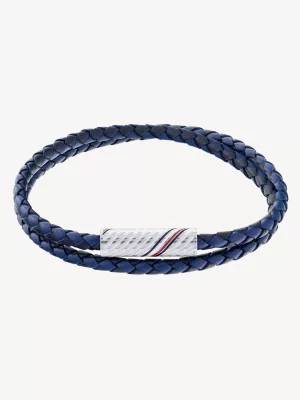 Pulseira de couro azul trançado com duas voltas