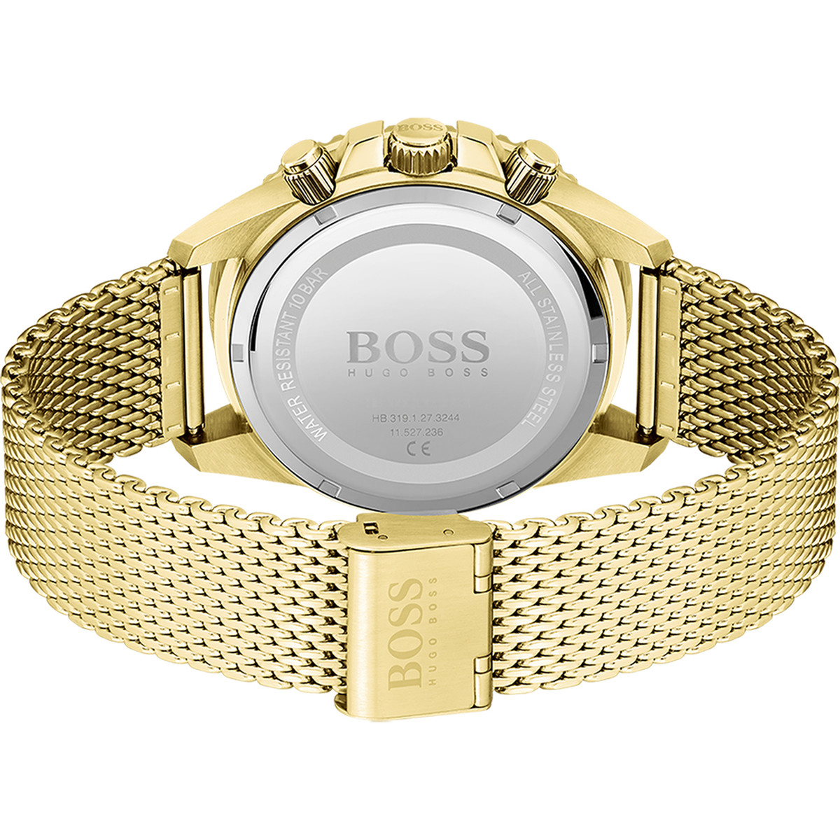 Montre Boss homme chronographe acier doré jaune maille milanaise