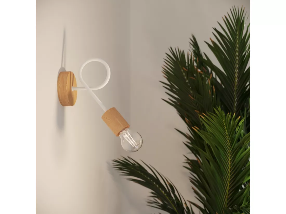 Applique Ember minimaliste en acier/bois - 1 sources lumineuses - L.10 x H.24 cm - blanc/bois naturel