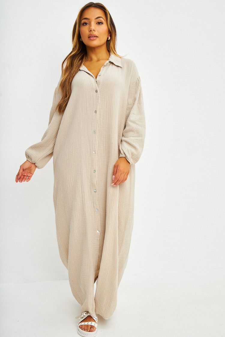 Robe chemise longue en coton texturé beige