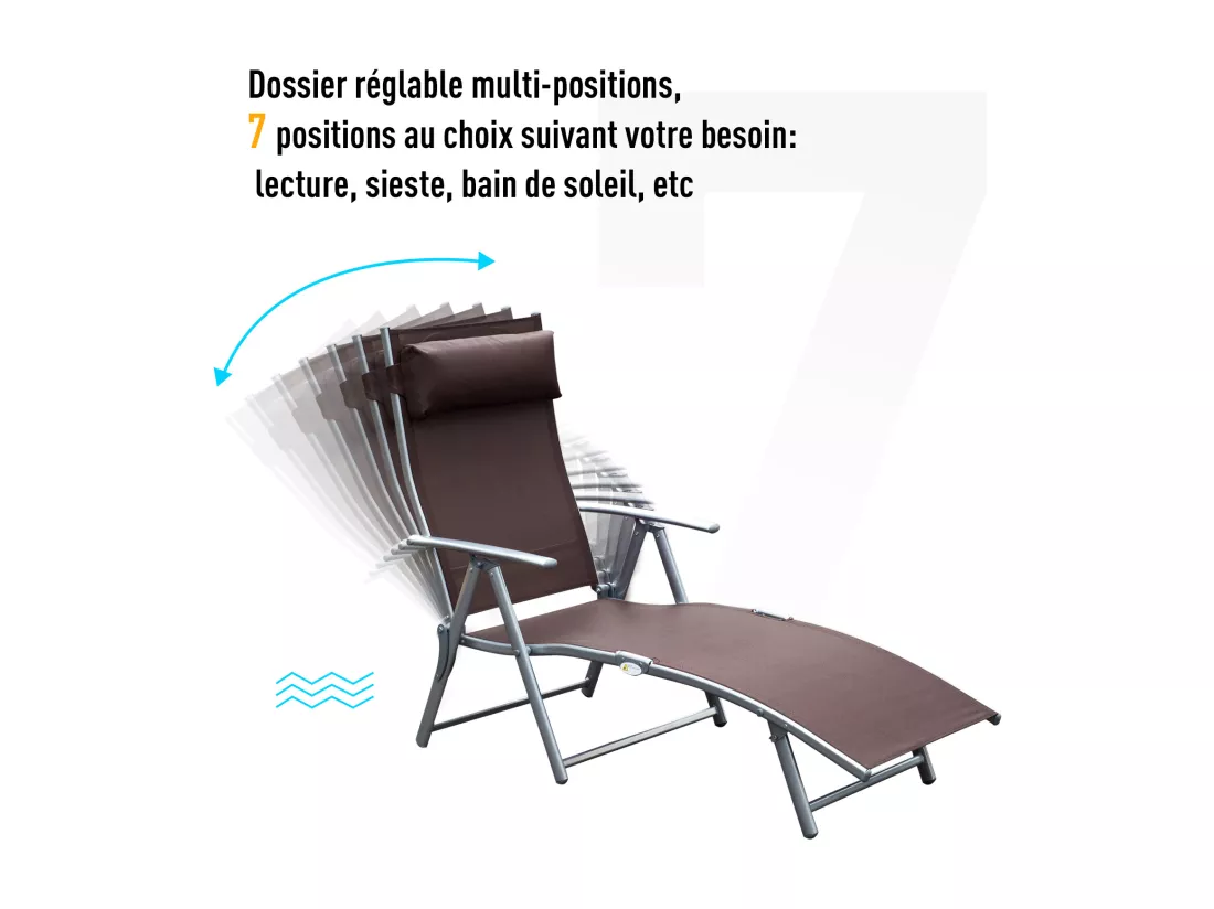Outsunny transat chaise longue bain de soleil pliable dossier inclinable multi-positions têtière fournie 137L x 64l x 101H cm métal époxy textilène marron