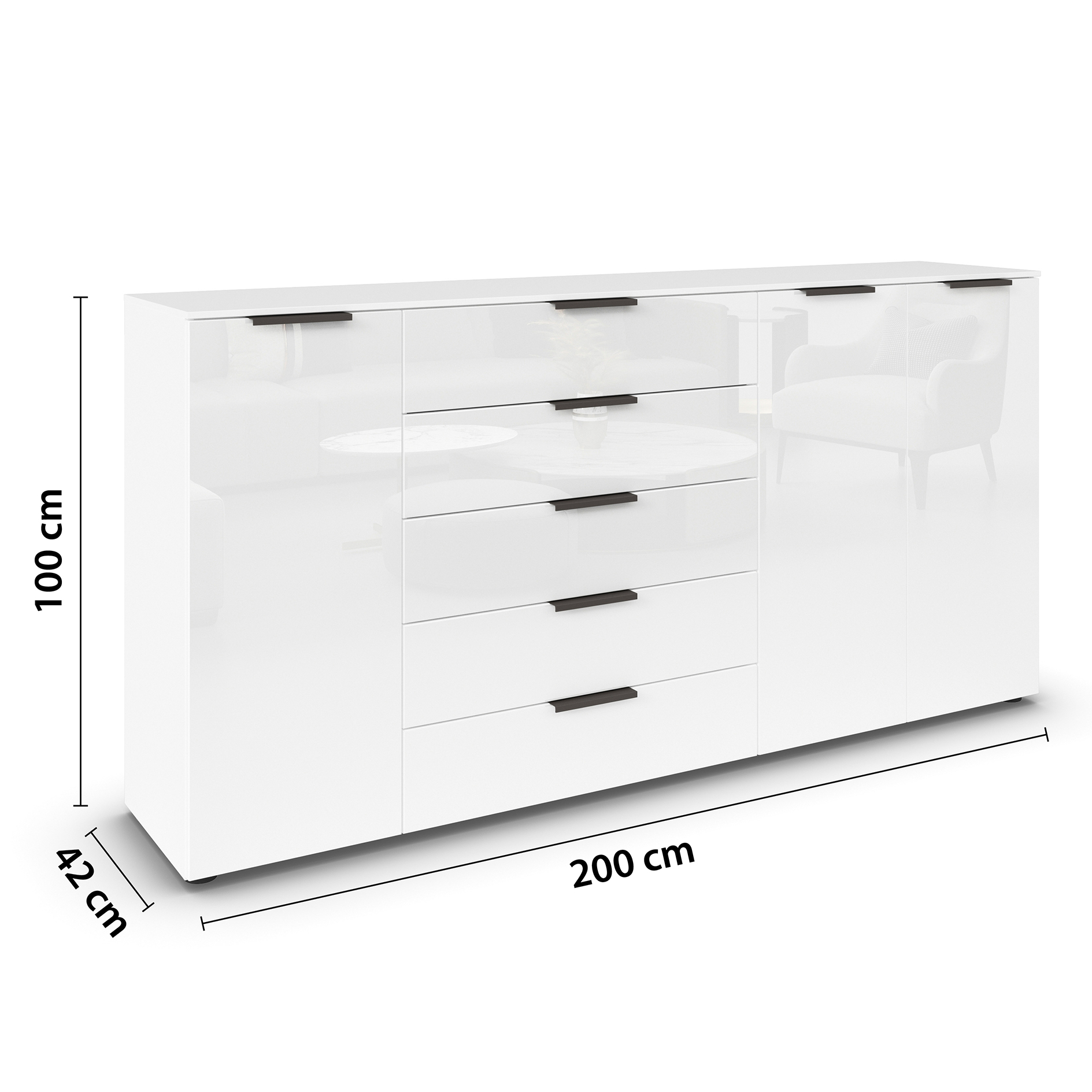 Kommode - alpinweiß-Kristallweißglas - Graphitgriffe - 199 cm