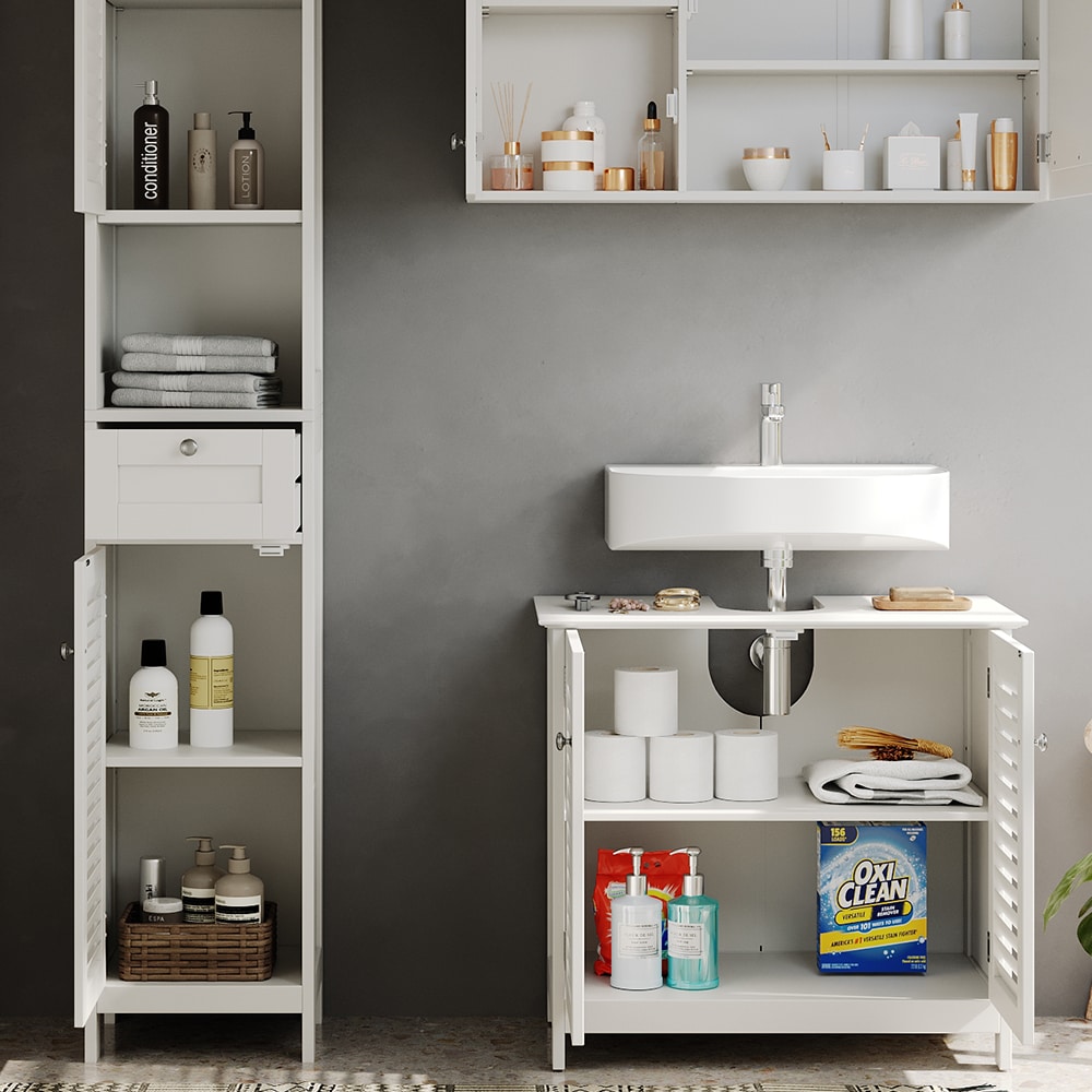Vicco Badmöbel-Set Riad, Weiß, Badezimmer, moderne Badserie, Lamellen-Front, Waschtischunterschrank, Spiegelschrank, Hochschrank