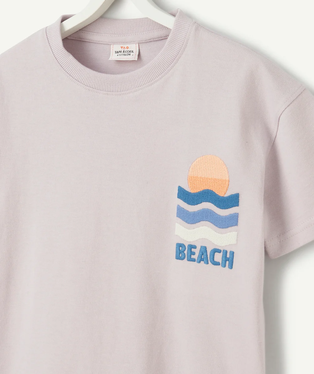 t-shirt garçon en coton bio violet broderies thème beach