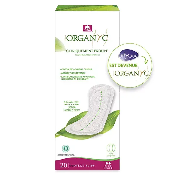 Protetores diários Organyc Extra Long Light Flow, algodão orgânico, pacote com 20 unidades.