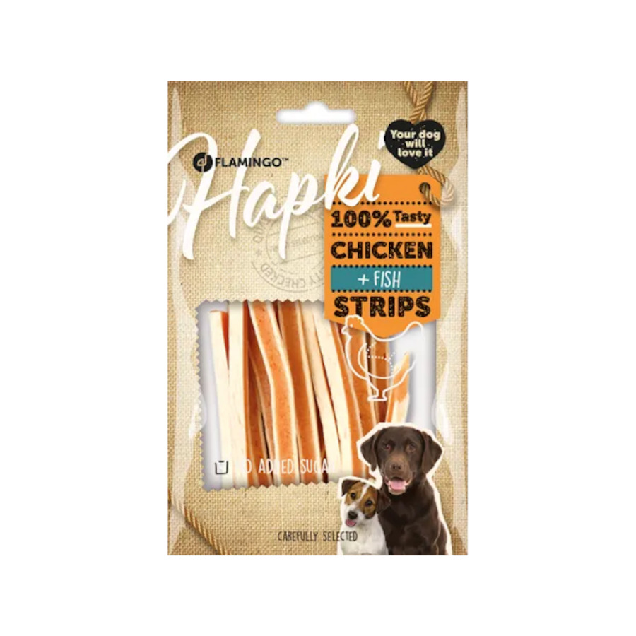 Tiras de frango e peixe Flamingo Hapki para cães