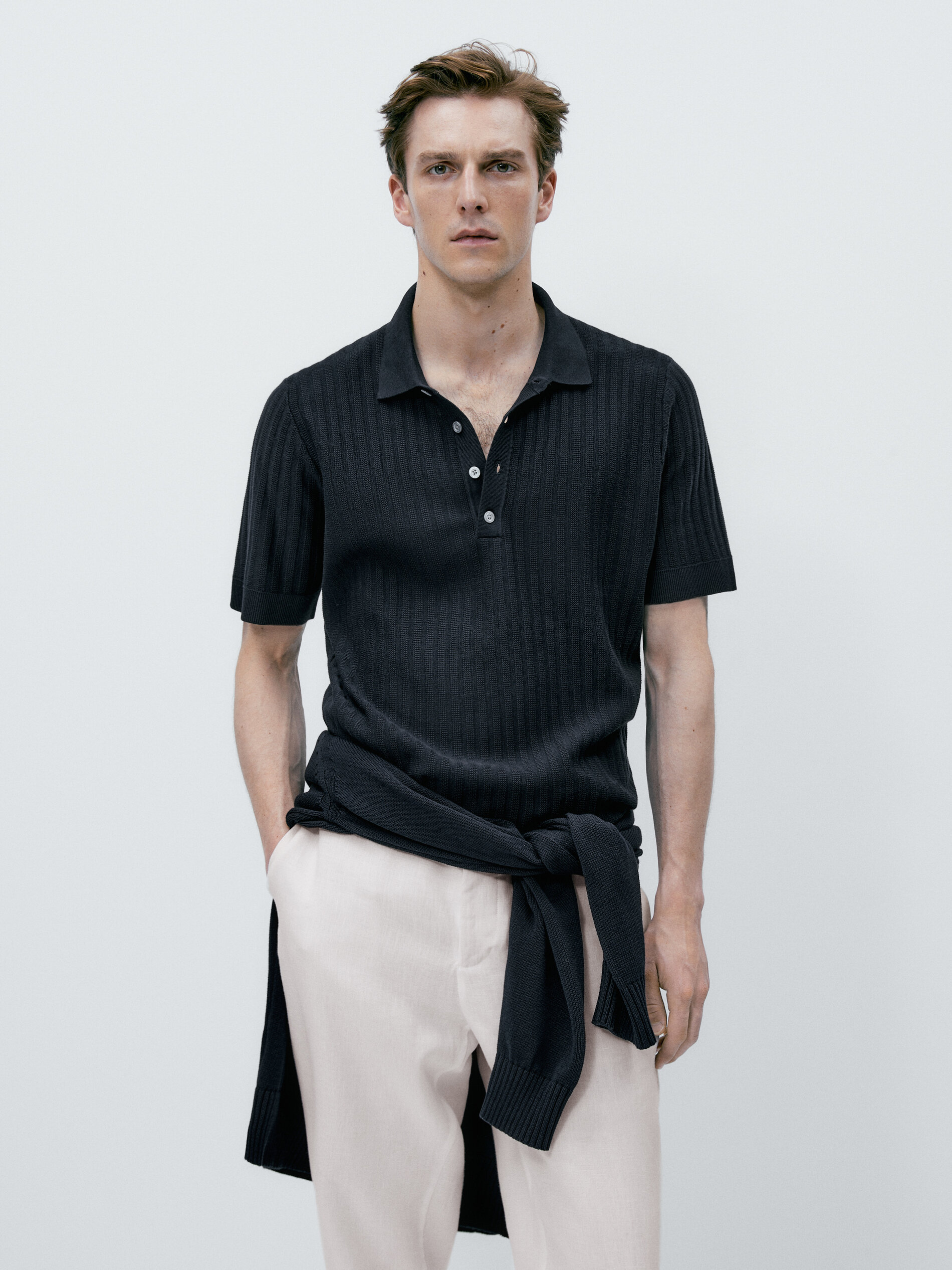 Camisa polo com costura vertical estruturada - AZUL MARINO