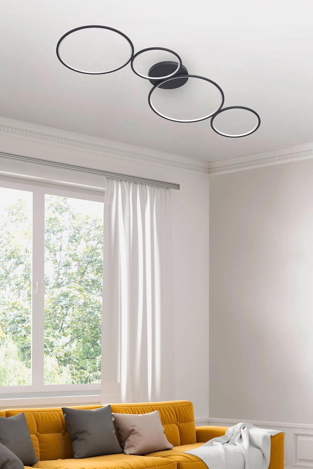 LED Deckenleuchte Sina schwarz matt Metall, dimmbar mit Lichtsteuerung über integrierten Switch Dimmer, 37W, Höhe 5.5 cm, Breite: 97 cm, Tiefe: 34.3 cm