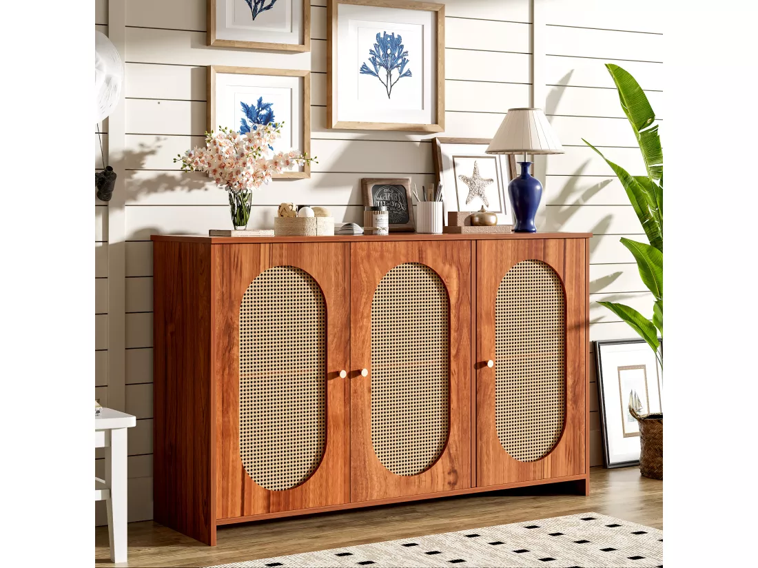 Buffet moderne avec 3 portes en imitation rotin - 125 x 38 x 78 cm - Bois MDF - Noyer