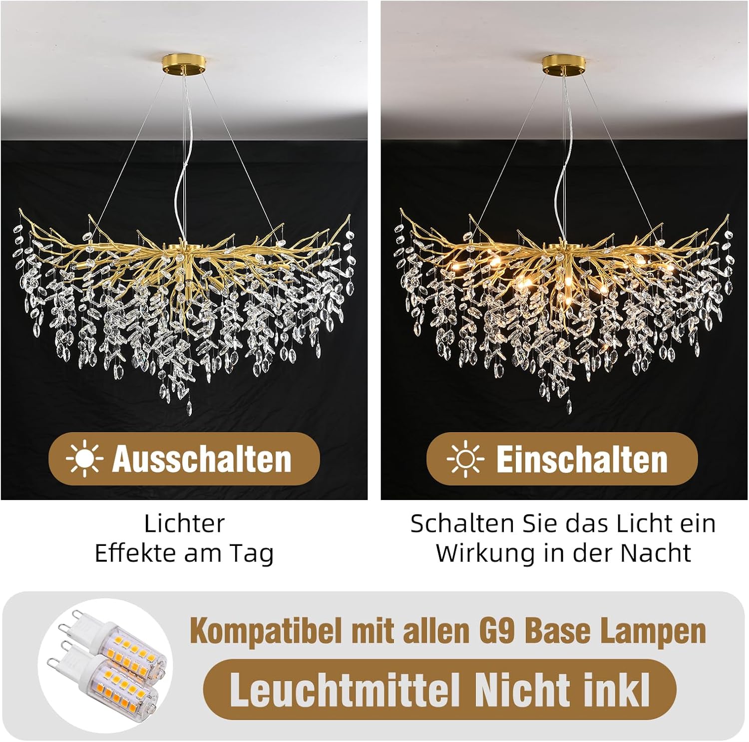 Modern Kronleuchter Kristall Golden, Große Luxus Raindrop Pendelleuchte, Rund Kristall Hängeleuchte Light Fixture, Luxury Tree Branch Kronleuchter für Kücheninsel, Esszimmer, 120cm