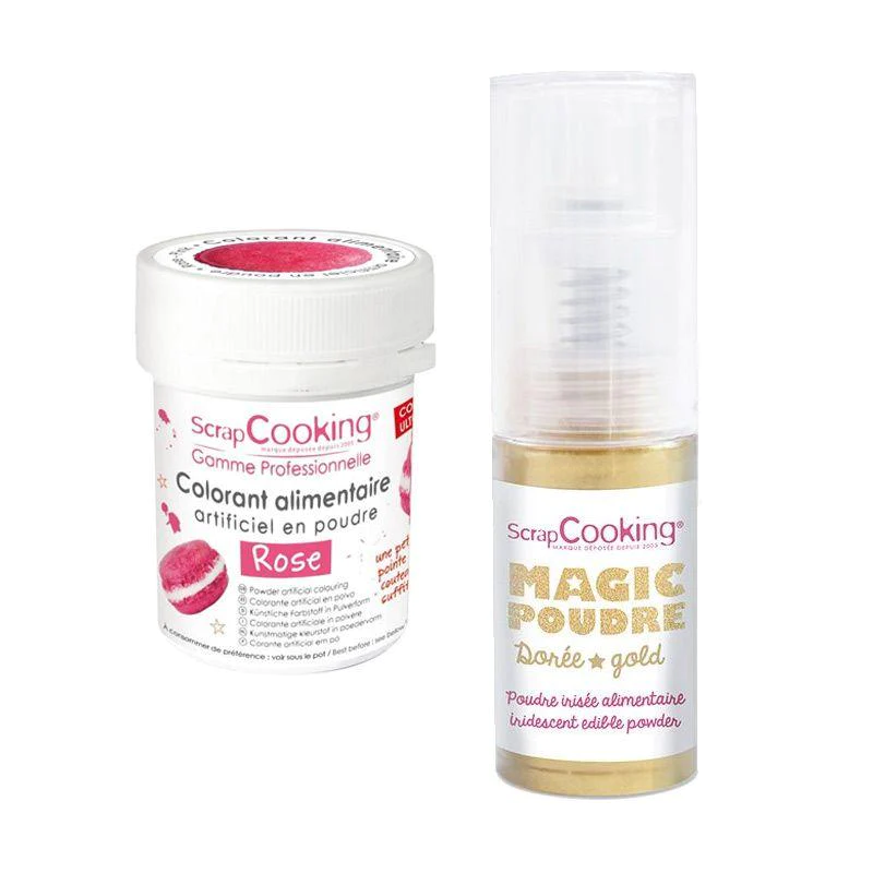Colorant alimentaire Rose + Poudre alimentaire irisée dorée Scrapcooki