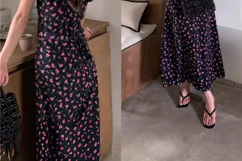 Brigitte - Mouwloze V-hals maxi-A-lijnjurk met bloemenprint en ruches