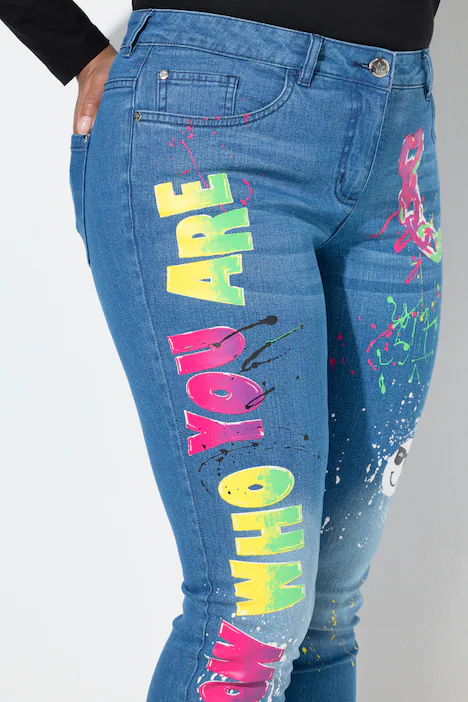 Skinny-Jeans, Slim Fit, Used Look, Neon Prints, blue denim