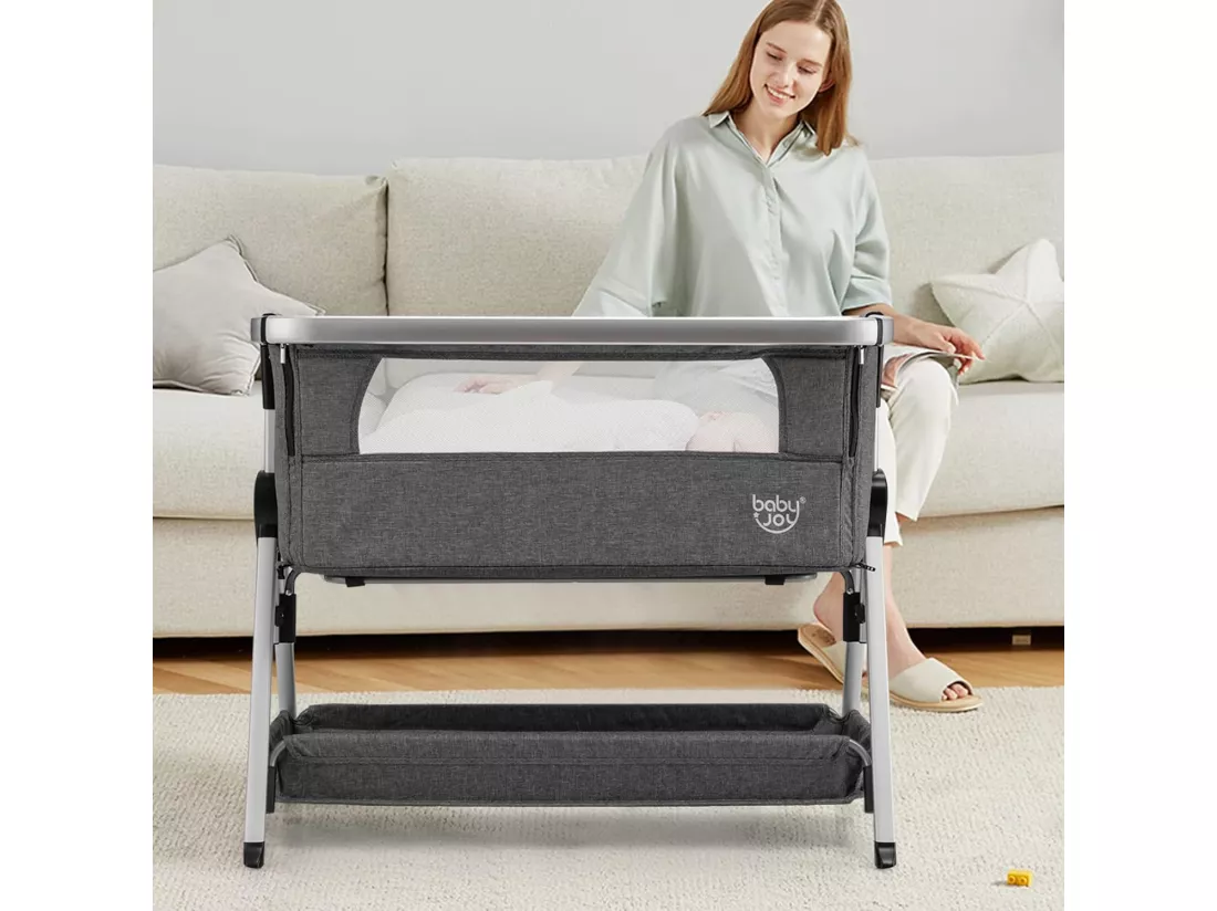 Berceau Cododo Bébé avec Matelas 7 Hauteurs Réglables Espace de Rangement Fenêtre en Maille Respirante 0-36 Mois, Gris Foncé