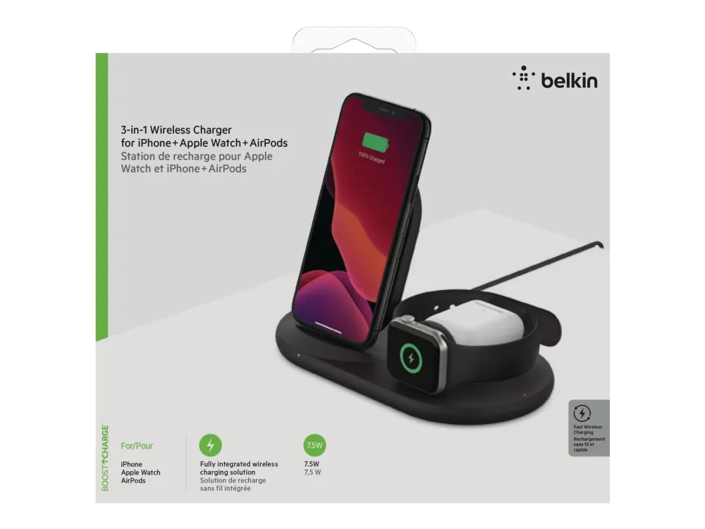 Belkin BoostCharge - Trådløs opladningsstander - 7.5 Watt - sort - for Apple AirPods; AirPods Pro; iPhone 11, 12, 7, 8, SE, X, XR, XS, XS Max; Watch