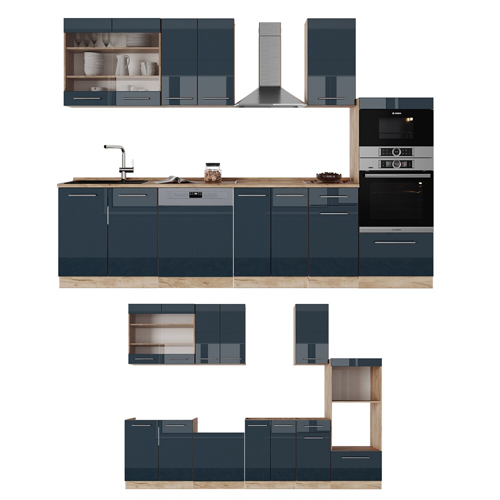 Vicco Küchenzeile Fame-Line Eiche Dunkelblau Hochglanz 300 cm mit Arbeitsplatte Anthrazit