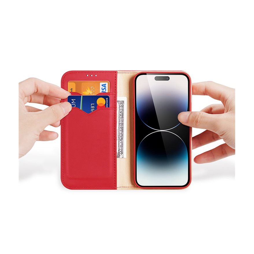 iPhone 15 Pro Max Flip Wallet Cover Echtleder Tasche (RFID Schutz) - Rot