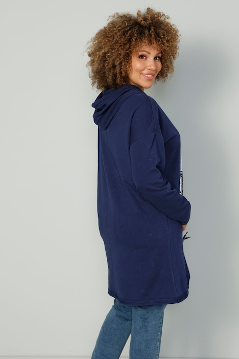 Long-Hoodie, Schriftdruck, Kapuze, Bindeband am Saum.