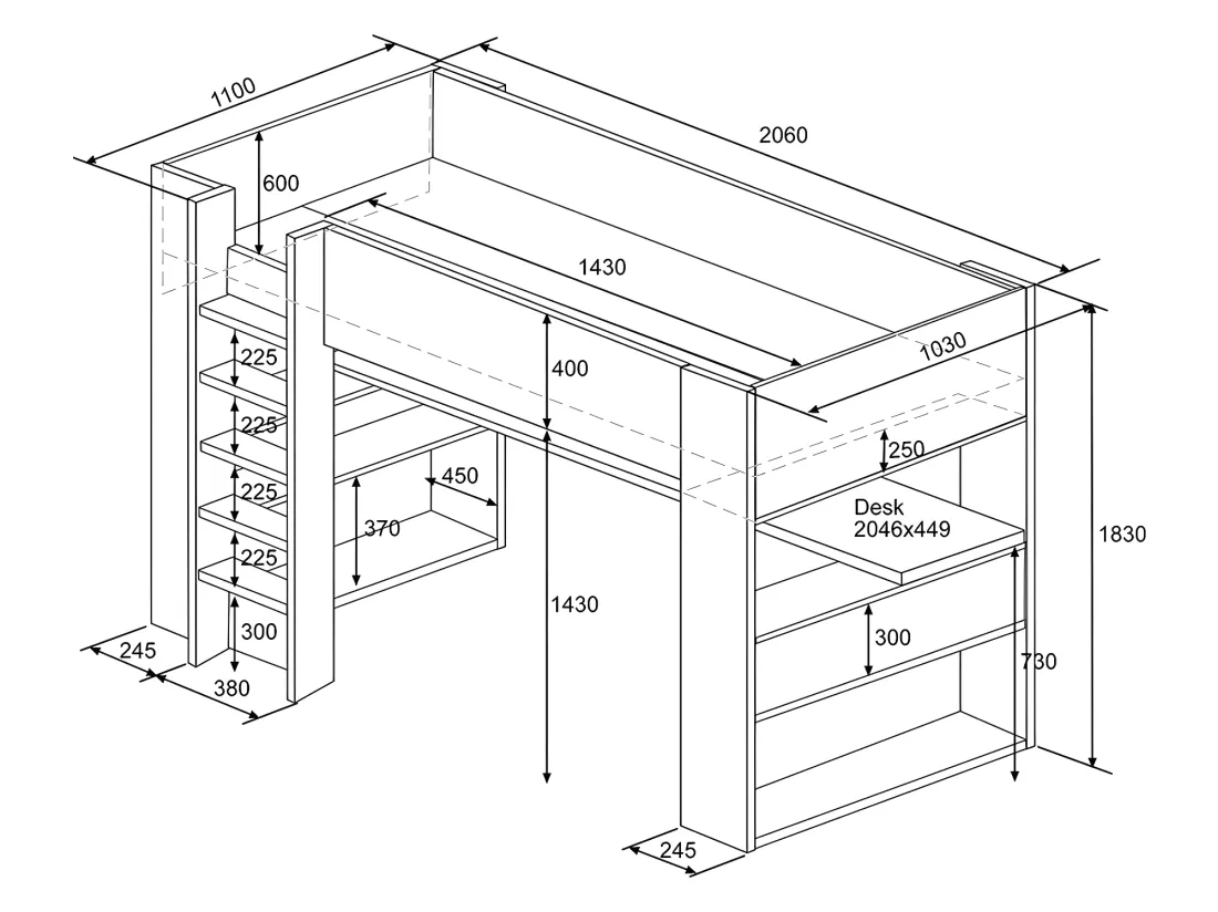 Lit mezzanine avec bureau et rangements intégrés - 90 x 200 cm - Chêne et blanc + matelas - NOAH II