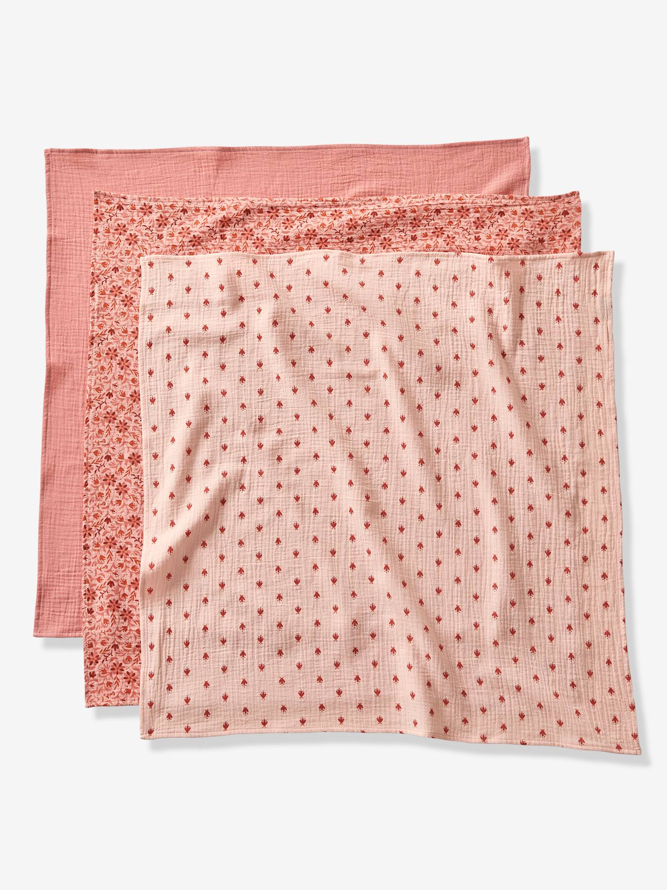 Lote de 3 paninhos de algodão lisos, estilo boêmio, para bebês, na cor rosa escuro, com estampas.