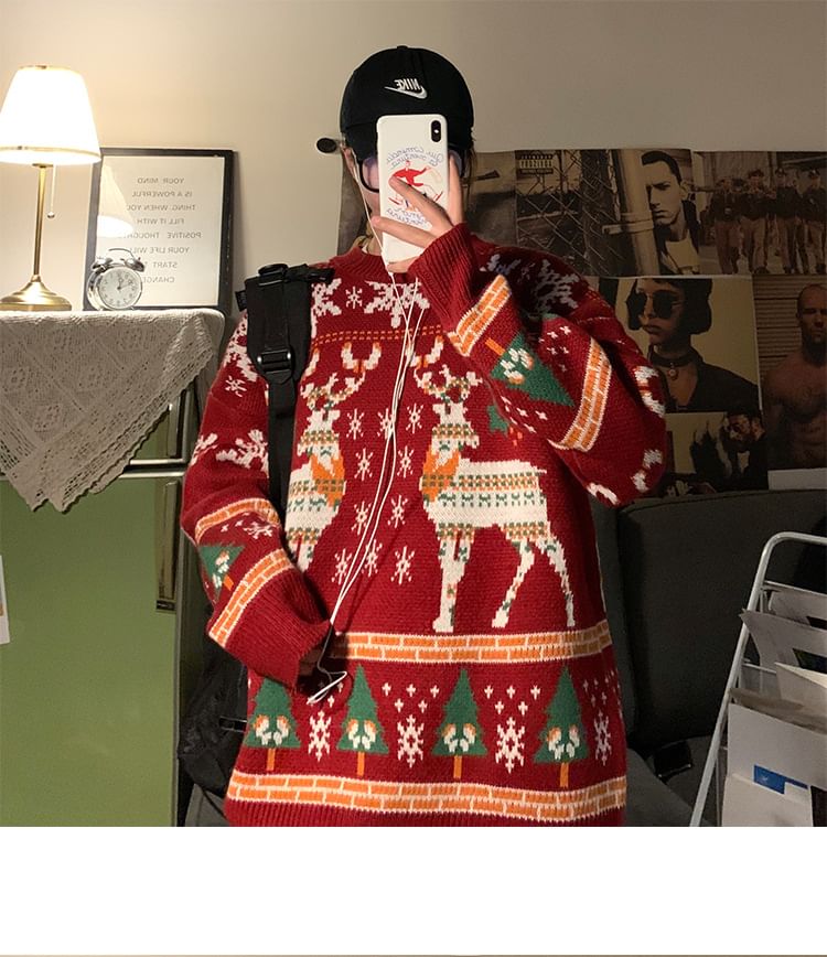 Dubbelwit - Unisex lange mouwen hertenprint losse kersttrui