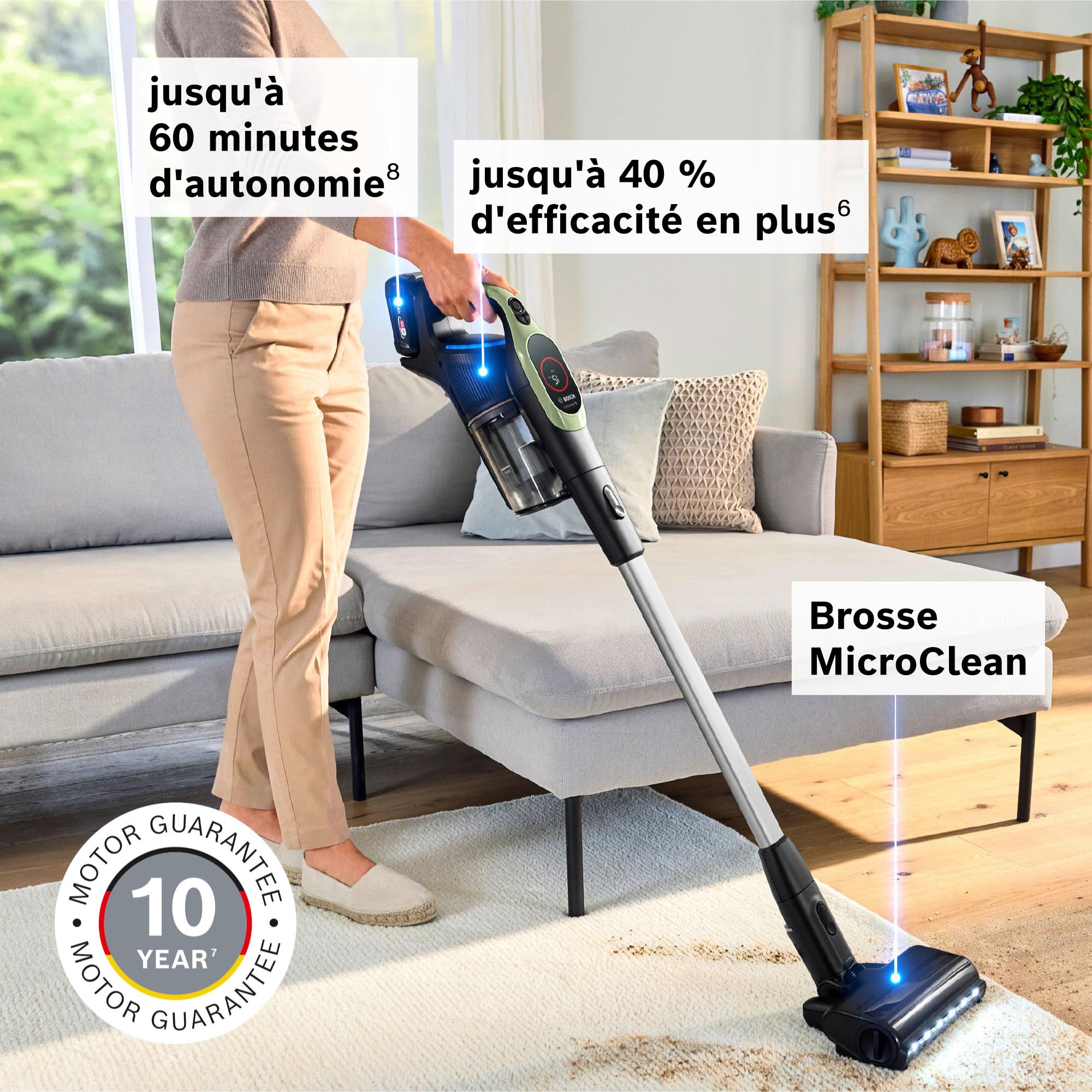 Bosch, aspirateur Balai sans Fil, Unlimited 9, Batterie 3.0 Ah, Technologie MicroClean, bac à poussières Facile à Vider, éclairage LED, Vert, BBS921TB