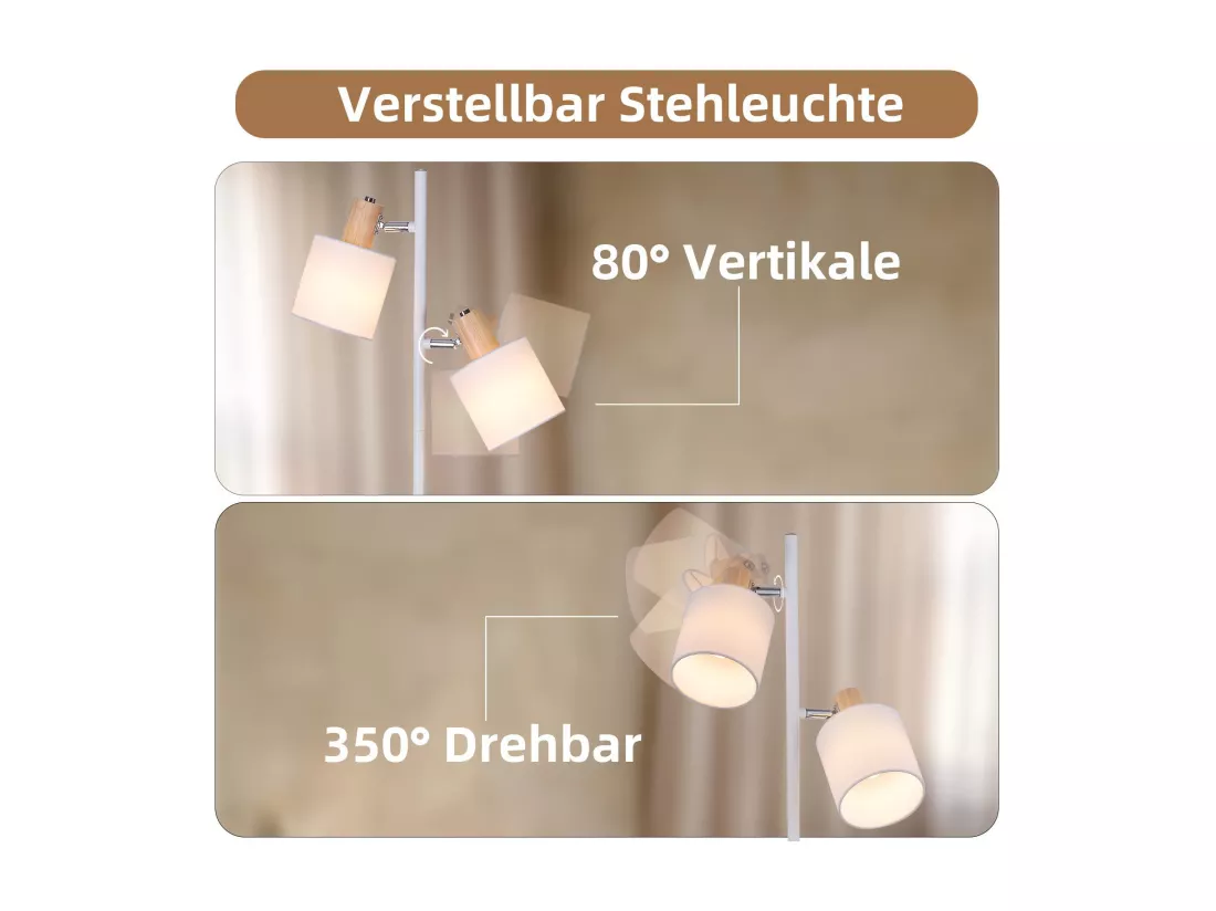 NETTLIFE Lampadaire salon 2 ampoules E14 abat-jour tissu blanc vintage 145cm lampadaire