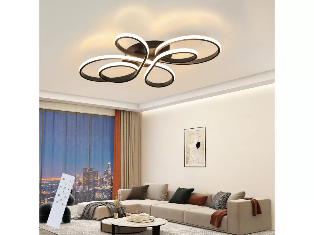 NETTLIFE Plafonnier LED moderne à intensité variable, noir, 66 cm, 65 W, avec télécommande, adapté pour salle à manger, bureau