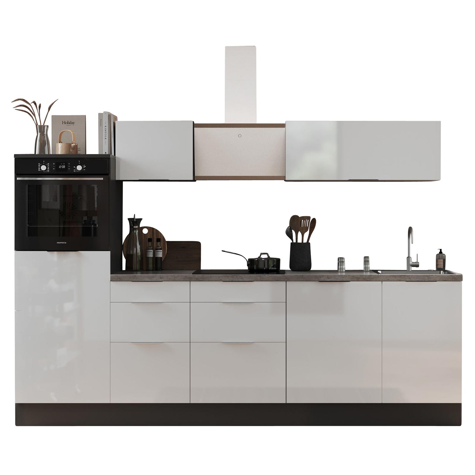 RESPEKTA Küchenblock - weiß Hochglanz - grau matt - mit E-Geräten - 280 cm