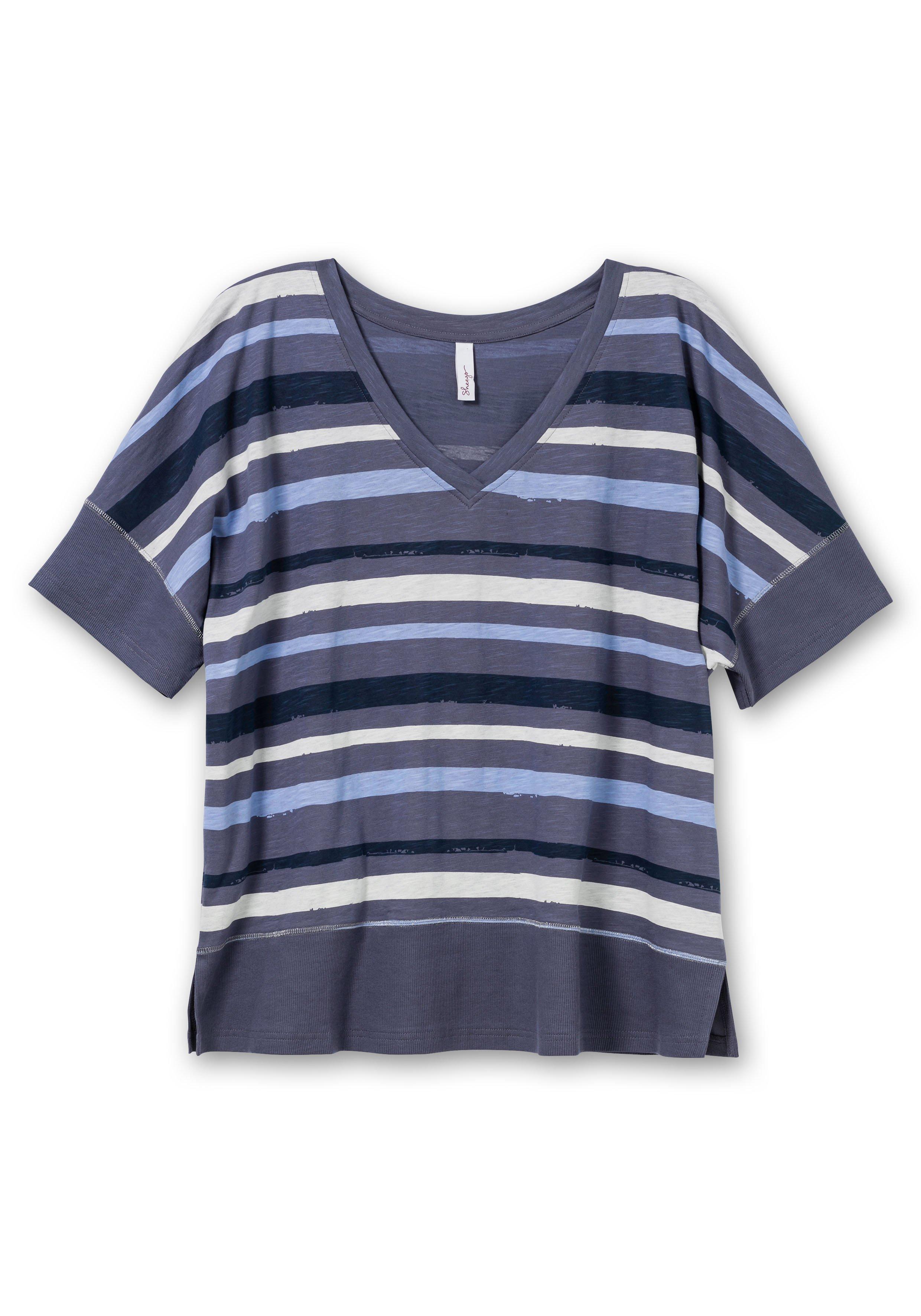 Shirt mit V-Ausschnitt und Streifendruck