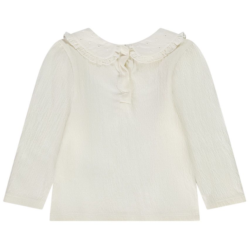 T-shirt manches longues en jersey col broderie anglaise pour bébé fille - Ecru