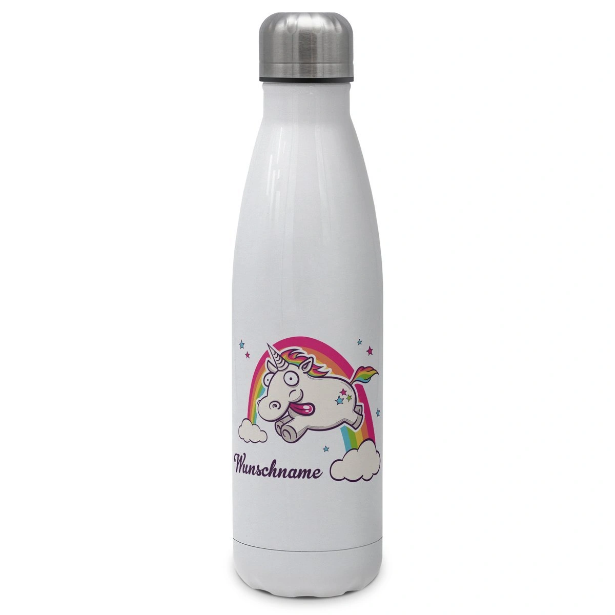 Thermo-Trinkflasche mit Namen, 500 ml, weiß (Motiv: Einhorn)